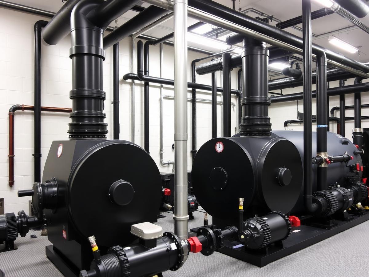 Commercial boiler room with two gas-fired boilers