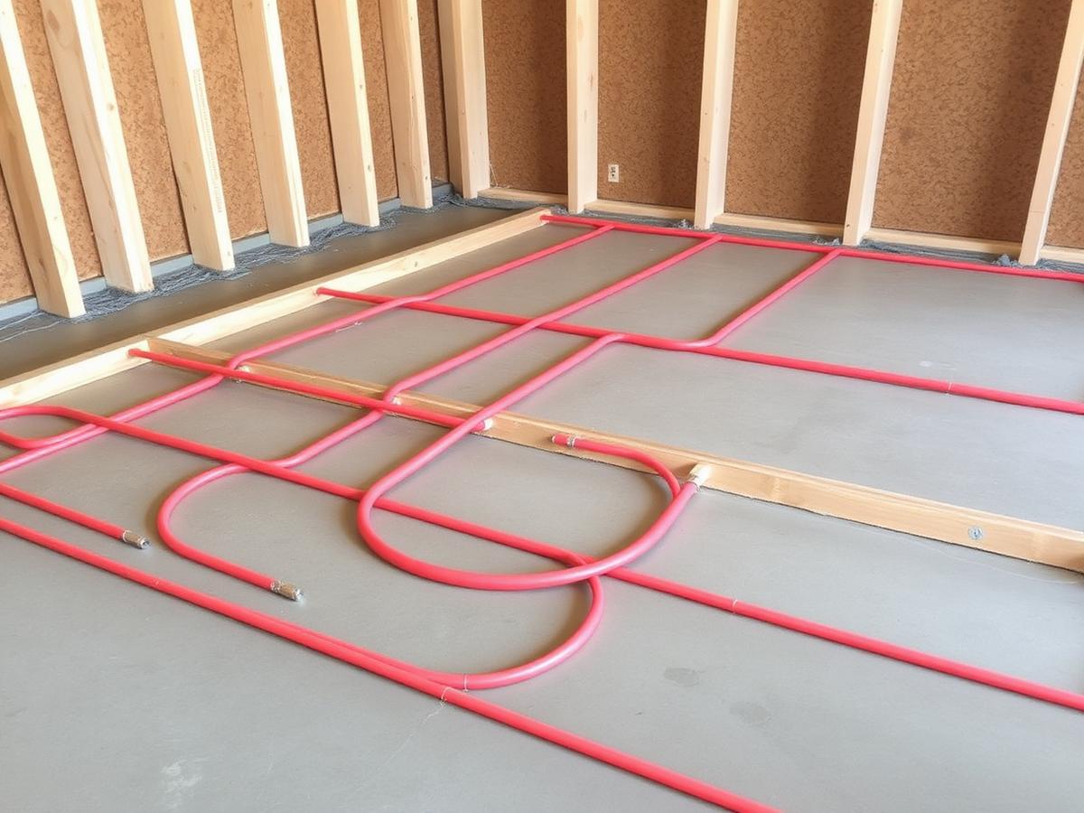 In-floor radiant heat PEX tubing before concrete pour
