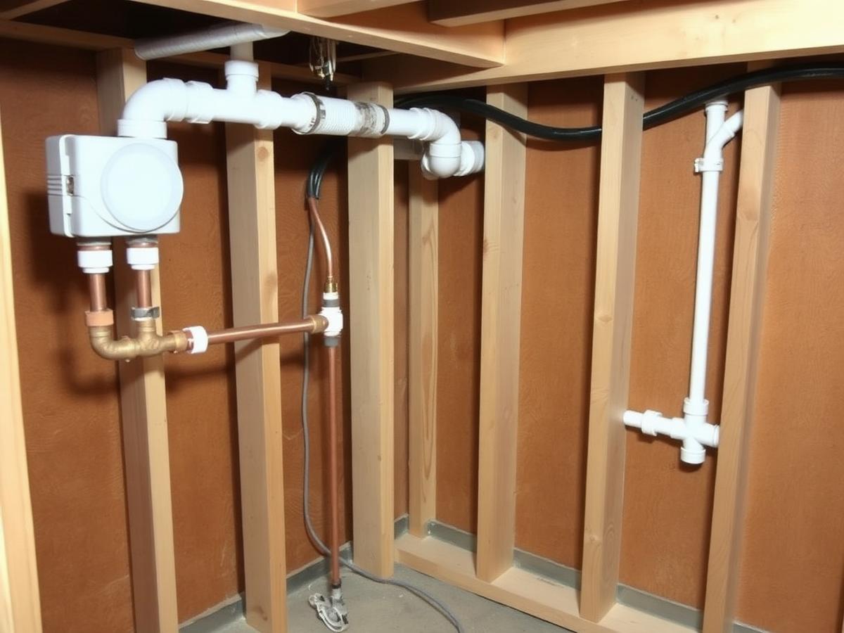 Plumbing rough-in between wood studs in a new home